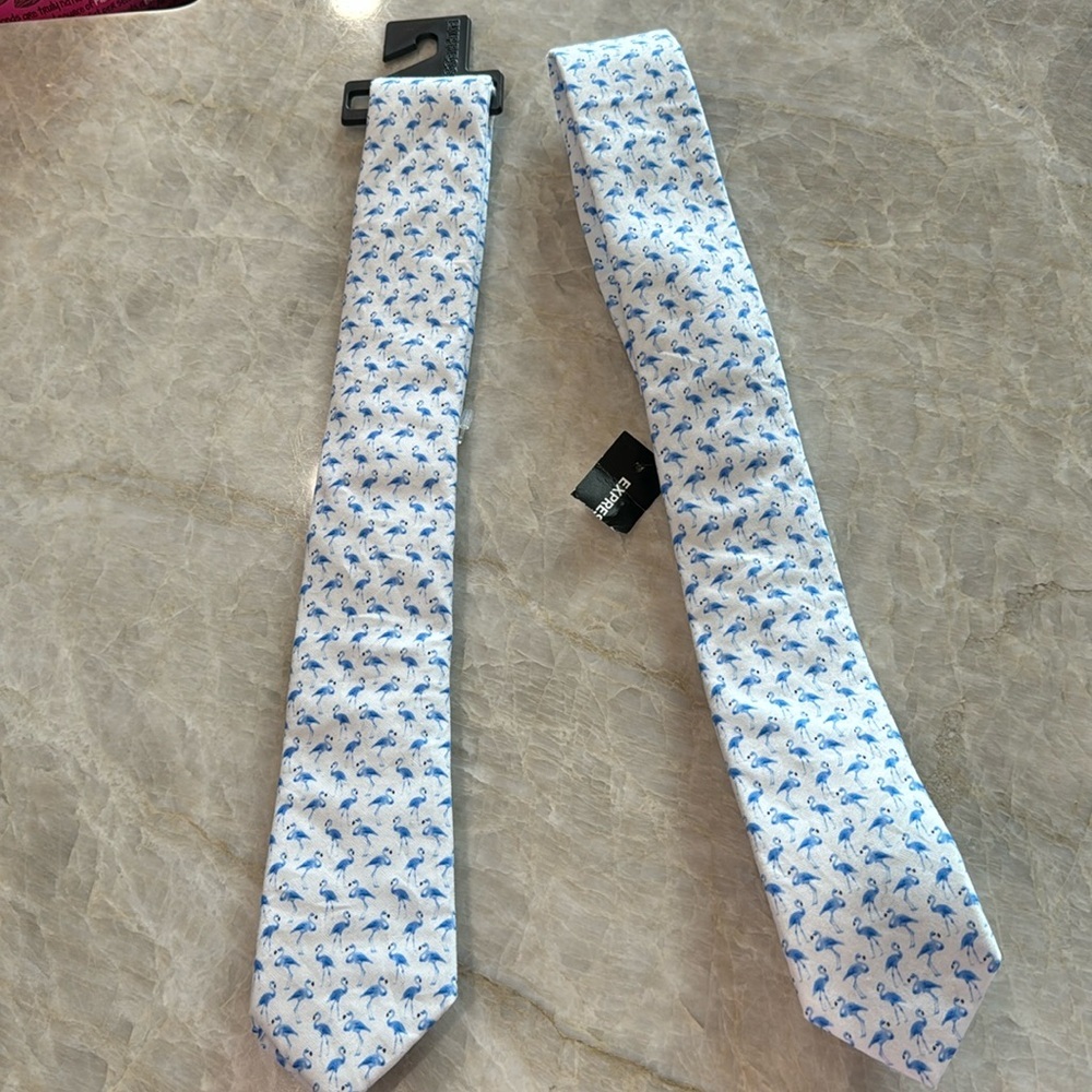 Lot of two Men’s White Express‎ Tie with Blue Flamingo Print 100% Cotton